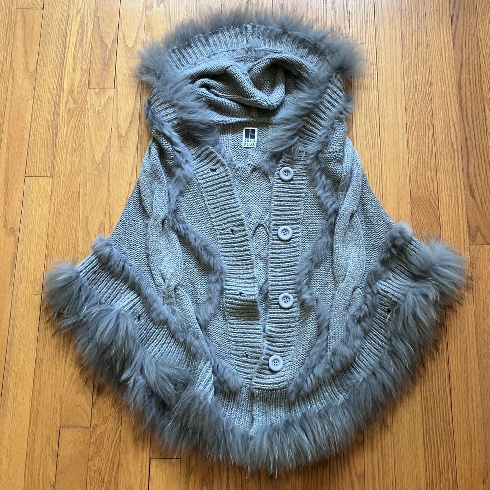 Gray Hooded Sweater with Faux Fur Trim